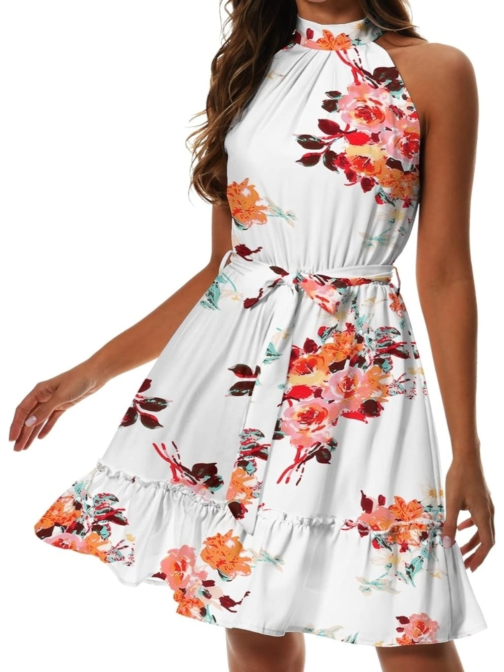 White Floral Halter Tie-Waist Sundress